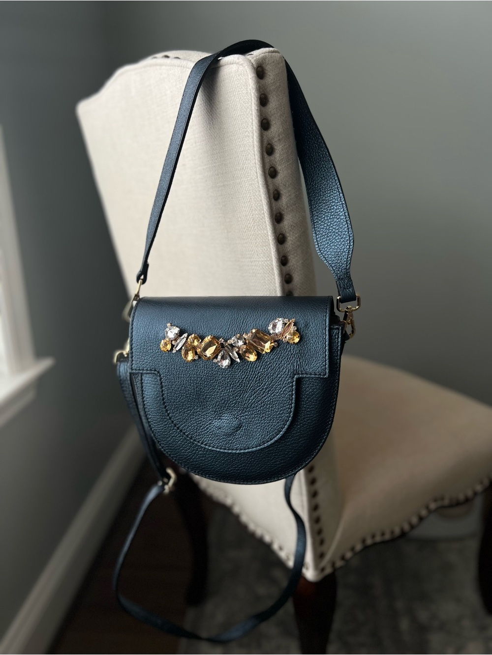 Persaman New York Navy Blue Pebbled Leather Crossbody
